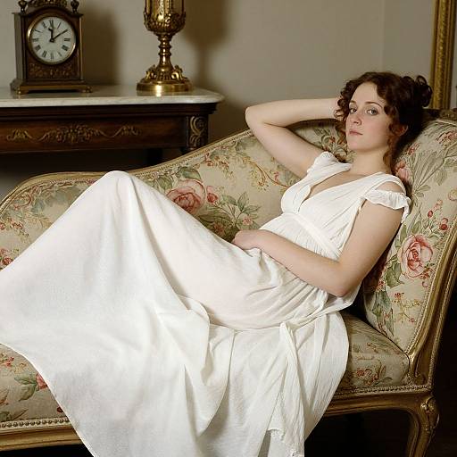 Graceful Woman on Floral Chaise Lounge