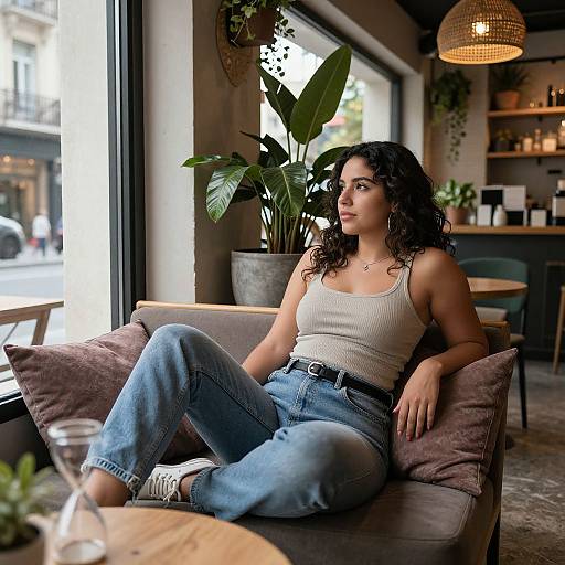 Photograph of a curly-haired woman with medium skin tone, wearing a white tank top and blue jeans, sitting in a cozy café with large windows,