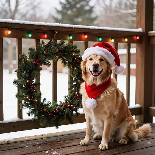 Photograph of a golden retriever wearing a red Santa hat and scarf, sitting on a snow-covered wooden porch with a Christmas wreath and colorful lights
