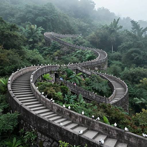 Photograph of a winding, stone Great Wall-like structure through dense, misty tropical forest with lush greenery and white birds perched on the edges