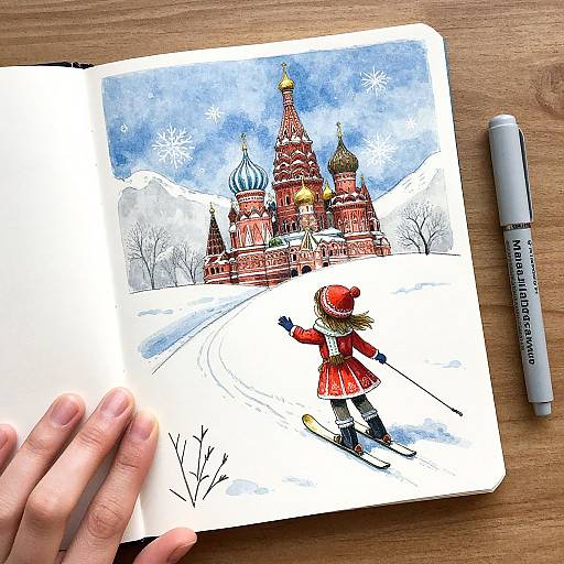 Watercolor illustration of a child in a red coat skiing past the Kremlin, with a hand touching the page and a Faber-Castell pen beside