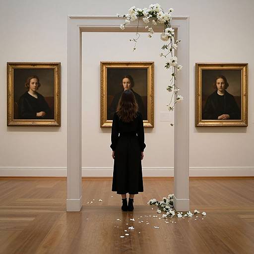 Photograph of a woman in black standing between three framed portraits on a white wall, surrounded by falling white flowers.