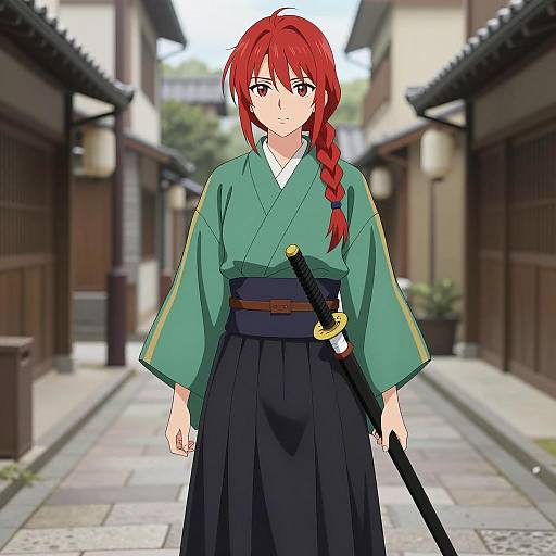 Red-Haired Anime Girl in Traditional Japanese Attire