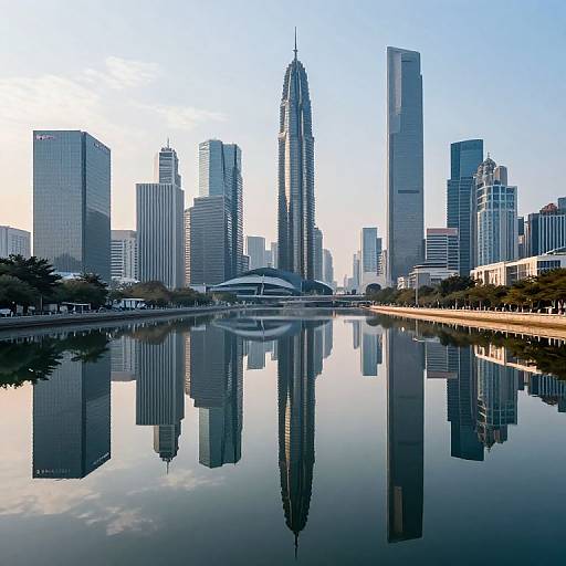 Photograph of a modern city skyline reflected in a calm, glass-like waterway, featuring tall skyscrapers and a central spire, under a