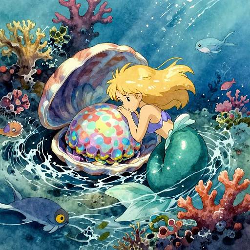 Digital anime-style illustration of a blonde mermaid with a colorful, patterned egg cradled in her arms, surrounded by vibrant coral, fish,