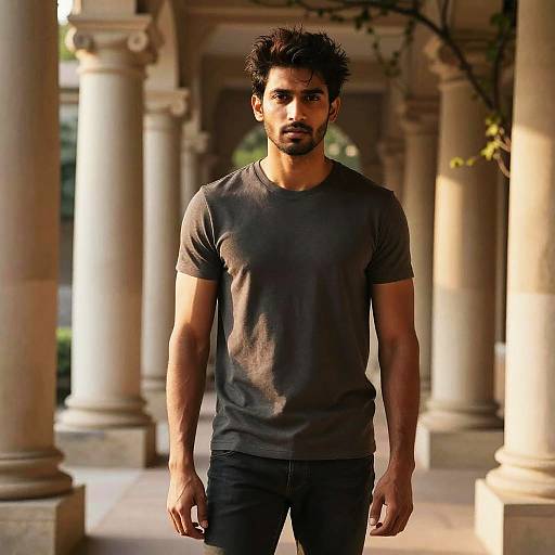 Photograph of a muscular, dark-haired man with a beard, wearing a fitted gray t-shirt and black pants, standing in a sunlit, colon