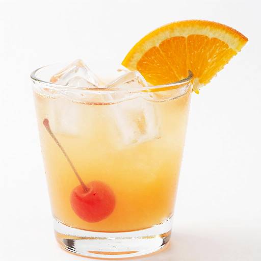Photograph of a glass with a light orange cocktail, orange slice garnish, cherry, and ice cubes against a white background.