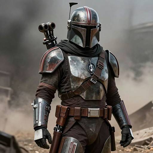 Digital artwork of a Mandalorian warrior in shiny silver armor with a black helmet, carrying a blaster on their back, standing in a dusty, war