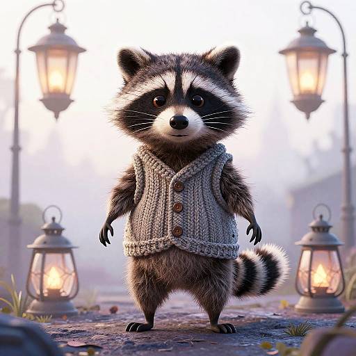 Whimsical Striped Raccoon in Knitted Vest