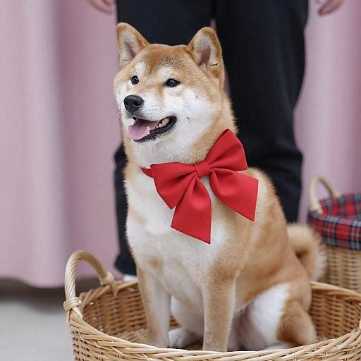 Shiba Inu in Wicker Basket with Bow