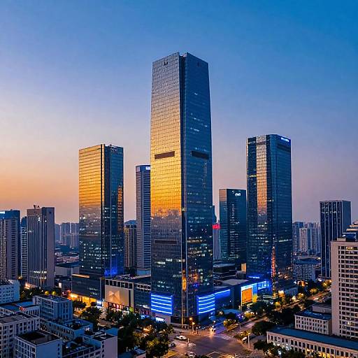 Photograph of a modern cityscape at dusk, showcasing tall glass skyscrapers with reflective golden and blue lights, against a gradient blue-to-orange sky