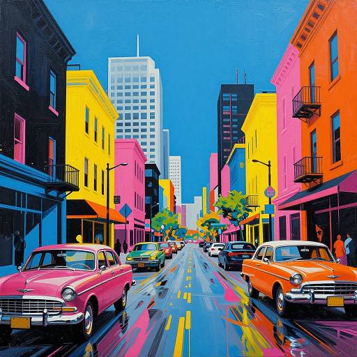 Vibrant digital painting of a colorful urban street with pink, yellow, and orange buildings, parked vintage cars, and a rainy road. Bright blue