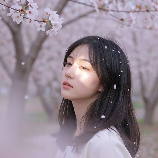 Photograph of an Asian woman with long black hair, wearing a white shirt, standing in a cherry blossom tree-filled park, sunlight filtering through petals,