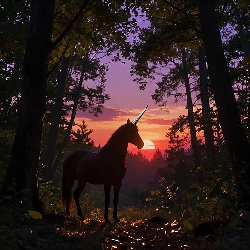 Photograph of a silhouetted unicorn with a prominent horn, standing in a dark forest at sunset, with a vibrant orange and purple sky in