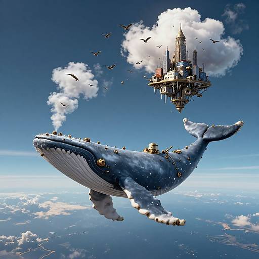 Fantasy digital art: giant blue whale with steam, flying castle in clouds, birds, and ocean below in bright blue sky.