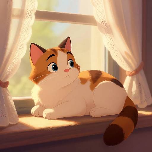 Adorable cartoon cat with orange and white fur, large blue eyes, and a striped tail lounges on a sunlit window sill with lace curtains.