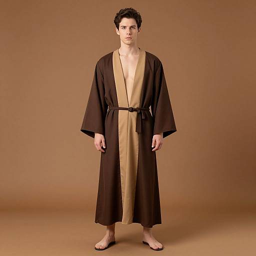 Photograph of a young man with short, dark curly hair, wearing a brown and beige kimono-style robe, standing barefoot against a plain brown