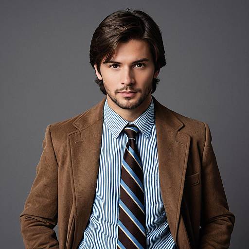 Young man in brown jacket with striped tie