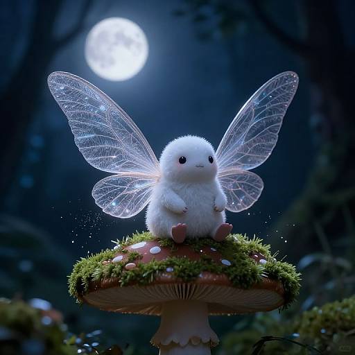 Whimsical digital artwork of a fluffy white fairy with translucent wings perched on a mossy mushroom under a glowing full moon.