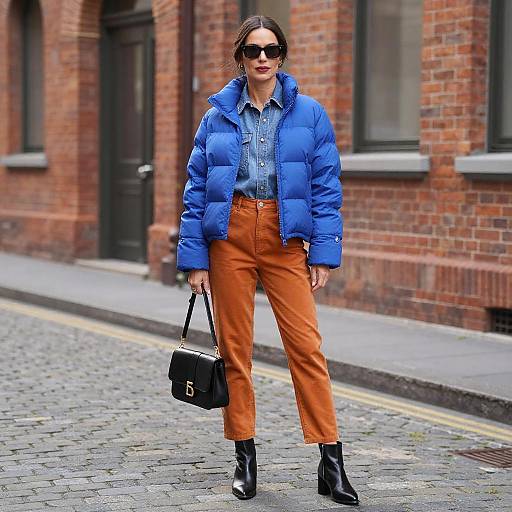 Stylish Woman in Blue Puffer Jacket on Urban Street