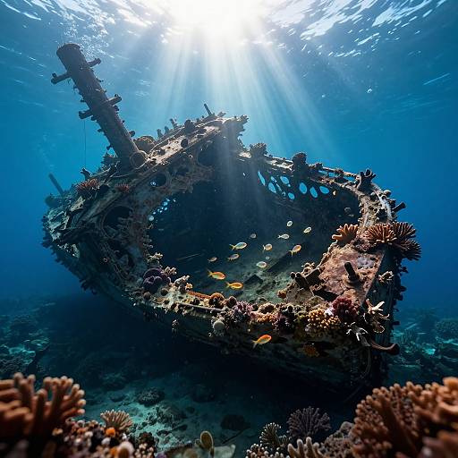 Photograph of an underwater sunlit shipwreck, covered in colorful corals and surrounded by small yellow fish, with beams of light penetrating the blue