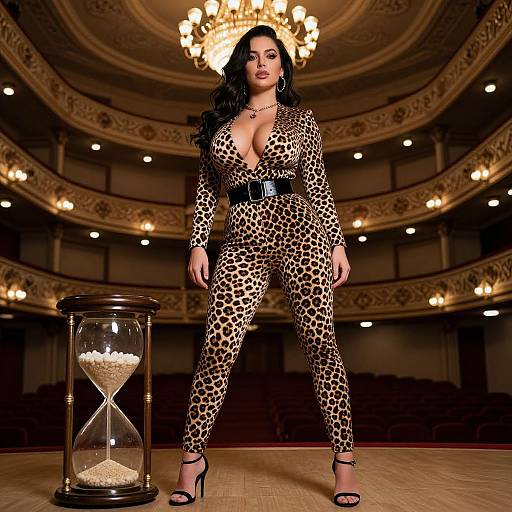 Photograph of a confident woman with long black hair, wearing a deep V-neck leopard print jumpsuit, standing in an ornate theater with a ch