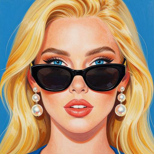 Digital portrait of a blonde woman with blue eyes, wearing black sunglasses, red lipstick, and pearl earrings, against a bright blue background.