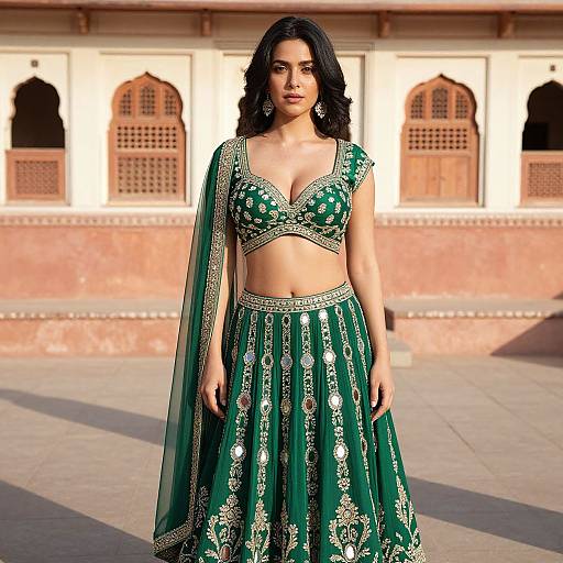 Photograph of an Indian woman with long black hair, wearing a green embroidered lehenga choli, standing in front of a pink-hued traditional building