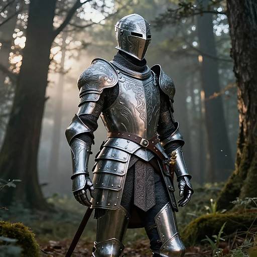 Photograph of a medieval knight in shining, intricately patterned silver armor, standing in a misty forest with sunlight filtering through trees.
