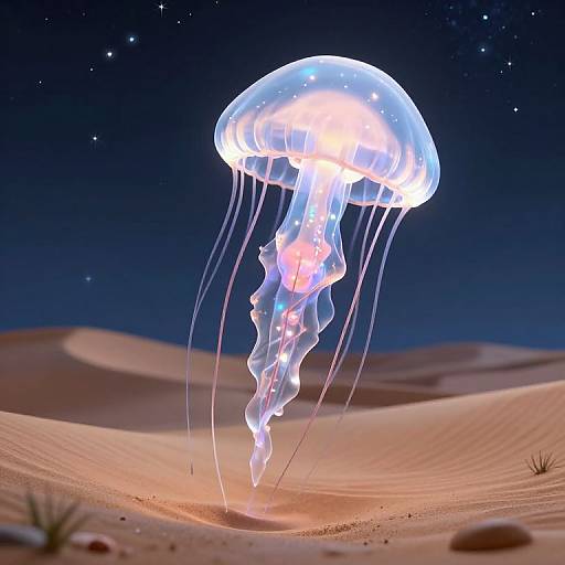 Photograph of a glowing, bioluminescent jellyfish with translucent, umbrella-like top and trailing tentacles, floating above sandy dunes under a