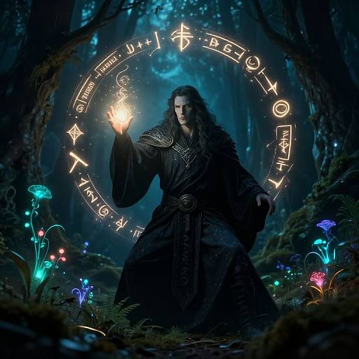 Mystical forest scene: Long-haired wizard in dark robe holds glowing orb, surrounded by glowing runes and bioluminescent mushrooms. Enchanting