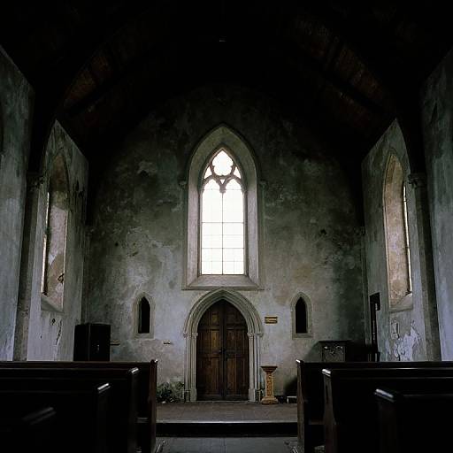 Photograph of a dimly lit, rustic church interior with a large arched window, wooden door, and two smaller side windows.