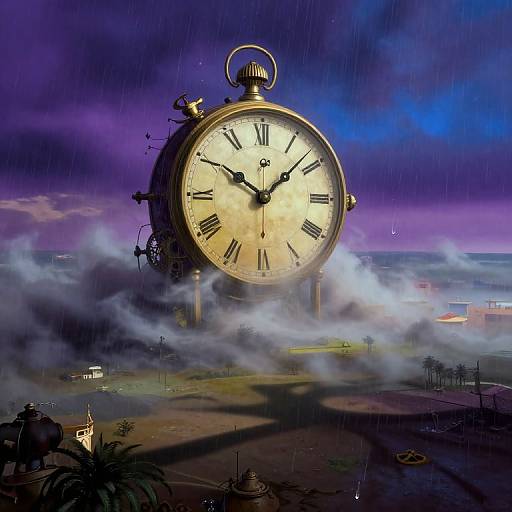 Digital illustration of a giant, glowing clock tower amidst fog, rain, and a purple, stormy sky, with a small town in the background.