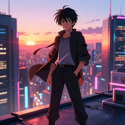 Confident Anime Character on Futuristic Rooftop