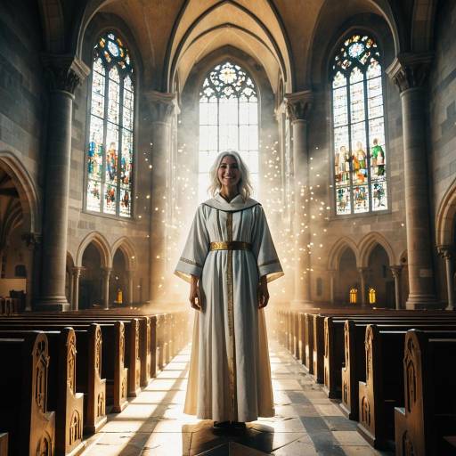 Young Woman in White Robes in Ancient Church