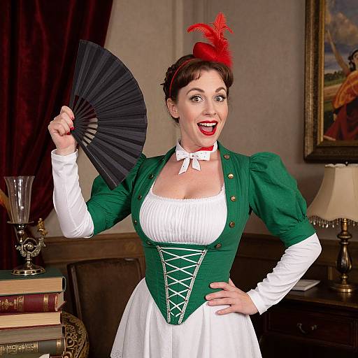 Photograph of a smiling woman in vintage green and white corset dress, holding a black fan, with red feathered headpiece, in a dim