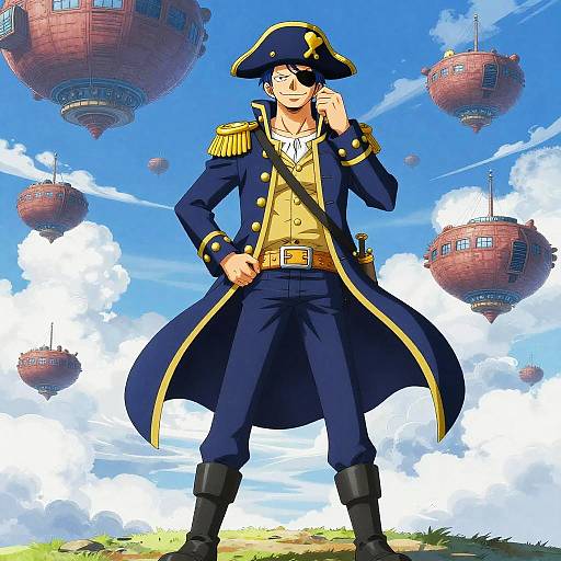 Dashing Sky Captain Amid Floating Airships