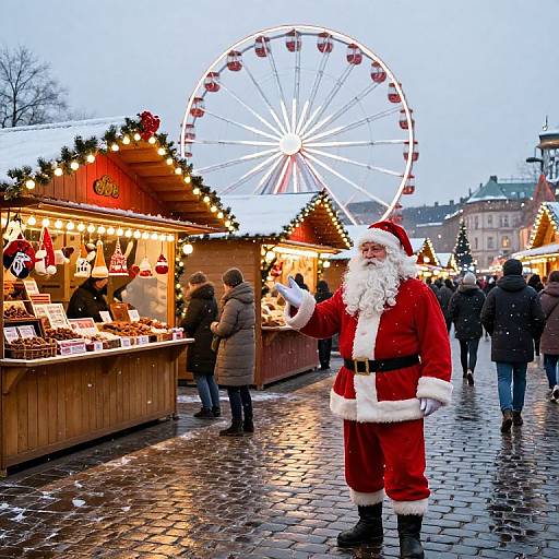Photograph of a snowy Christmas market with Santa Claus in red suit, white beard, waving to shoppers under a brightly lit Ferris wheel.