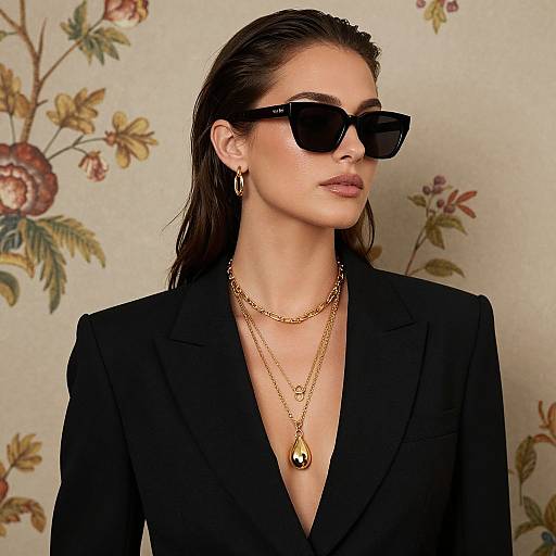 Photograph of a confident woman with wet, dark brown hair, wearing black sunglasses, black blazer, gold necklaces, and hoop earrings, against