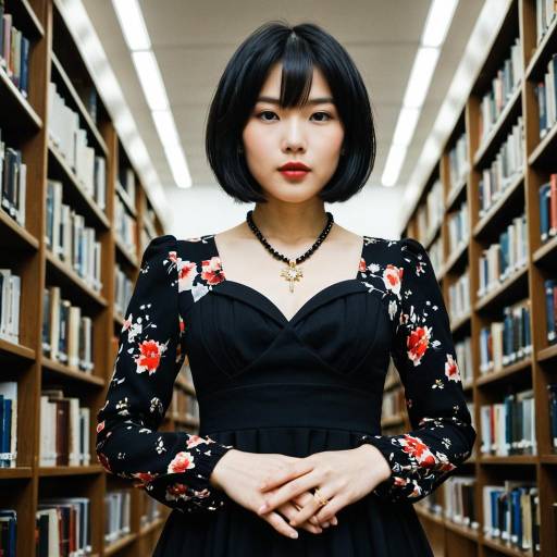 Young Woman in Floral Black Dress in Library