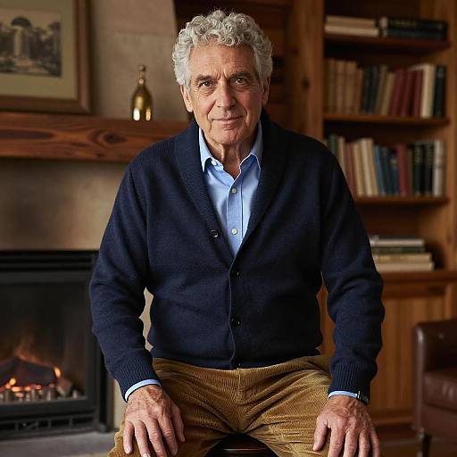 Photograph of an elderly man with gray curly hair, wearing a navy cardigan, light blue shirt, and brown pants, sitting in a cozy wooden