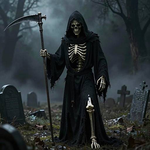 Digital illustration of a skeletal Grim Reaper in a tattered black cloak, holding a scythe, standing in a foggy cemetery with scattered tombstones and