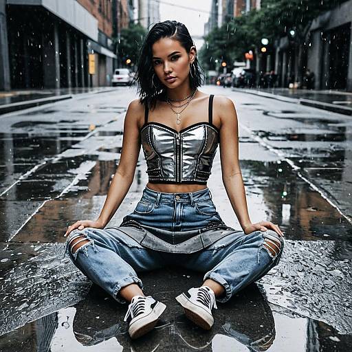 Woman in Metallic Bustier and Distressed Denim on Rainy Urban Street