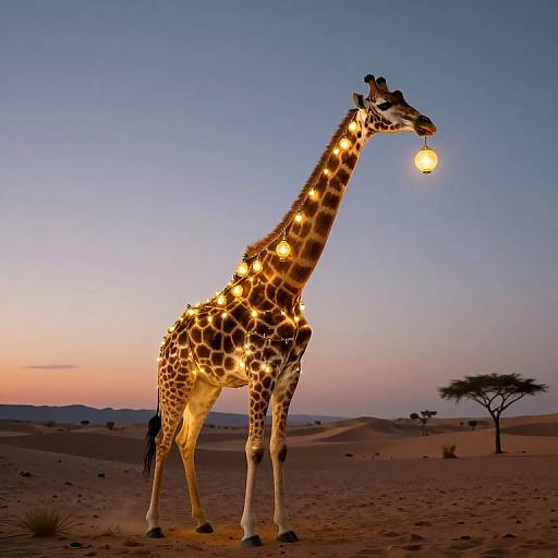 Photograph of a lit-up giraffe with glowing lights along its body, standing in a sunset-lit African savanna, with a single acacia