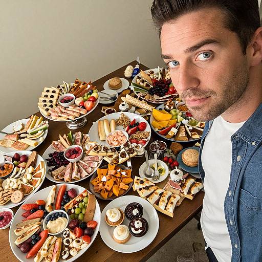 Photograph of a man with short dark hair, light stubble, and blue eyes, wearing a denim shirt, standing beside a wooden table filled with