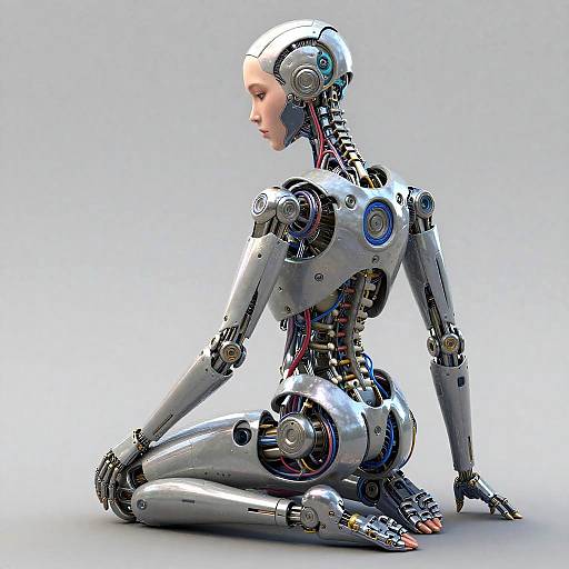 Photorealistic CGI of a silver, humanoid robot with exposed mechanical parts, kneeling and sitting on the ground, facing left.