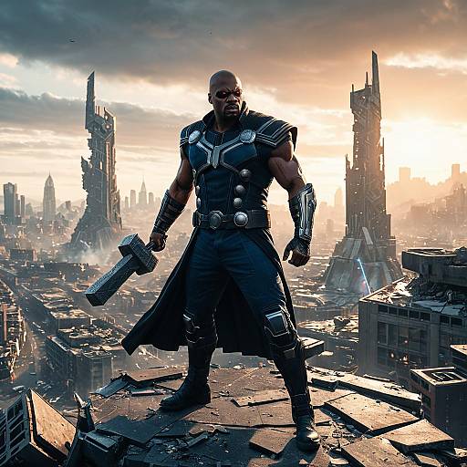 Nick Fury Wielding Thor's Hammer in Futuristic City