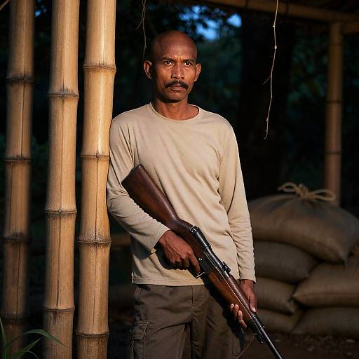 Bald Man in Forest with Rifle