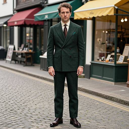 Photograph of a handsome young man with short brown hair, wearing a dark green suit, white shirt, black tie, and brown shoes, standing on