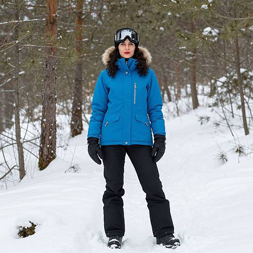 Photograph of a woman in a blue winter jacket with fur hood, black pants, gloves, and goggles, standing in a snowy forest.